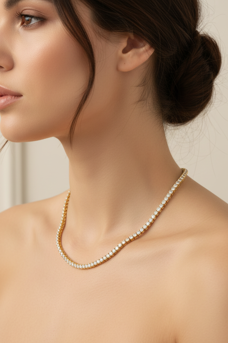 14k Gold 7 Carat Four-Prong Tennis Necklace ~ Lab Grown