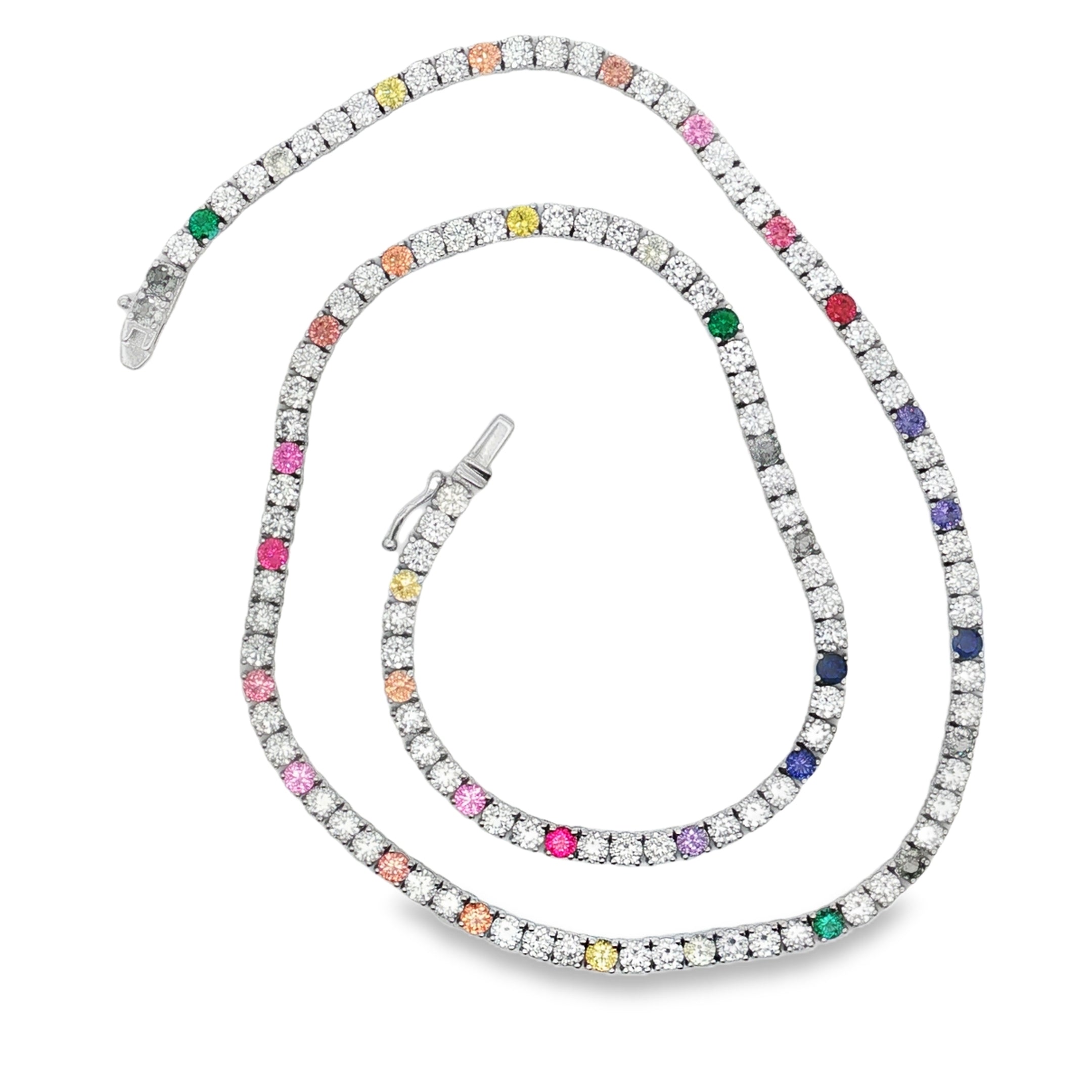 Necklace with multicolored gemstones on a white background