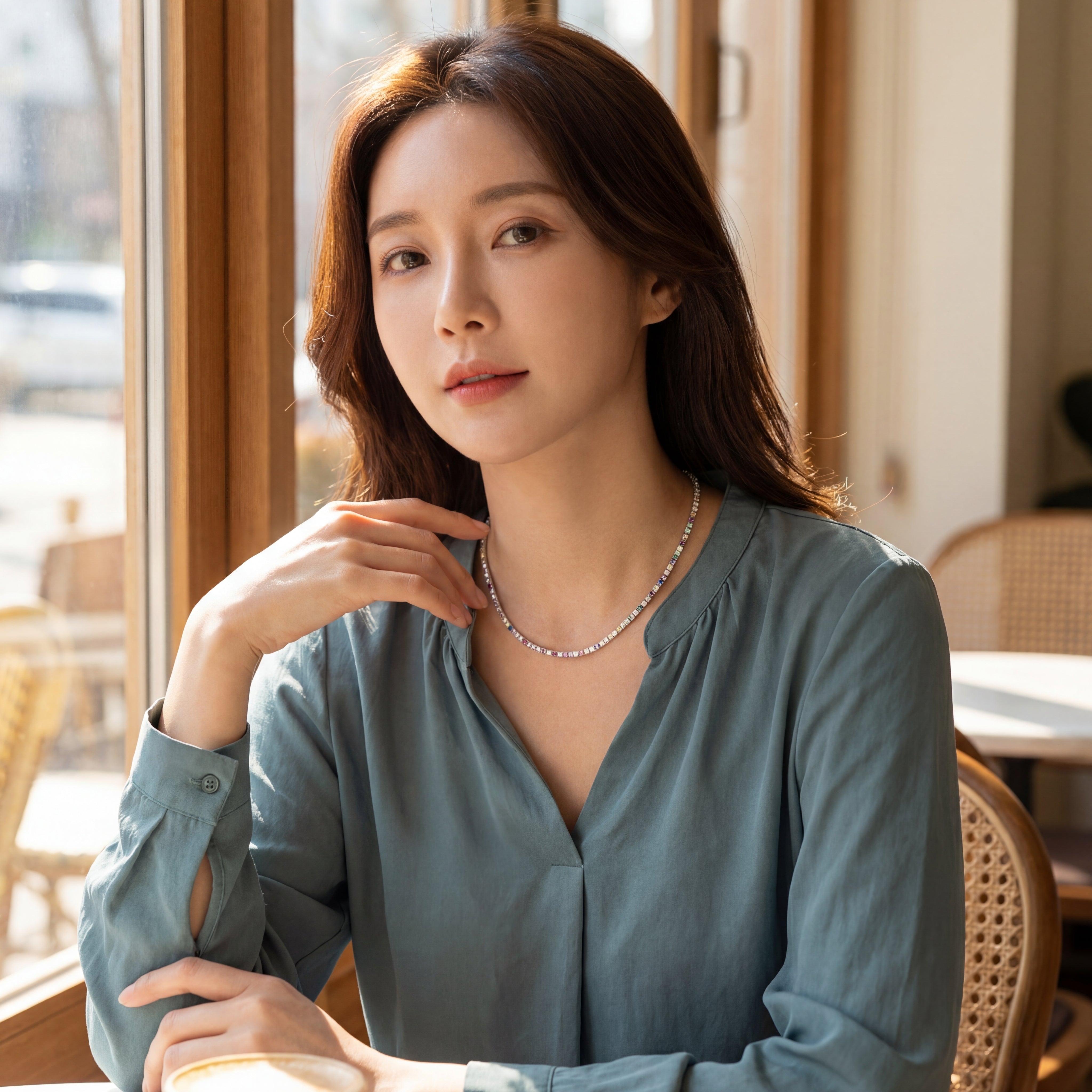 Woman sitting indoors, wearing a light blue shirt and a necklace, with a blurred background.