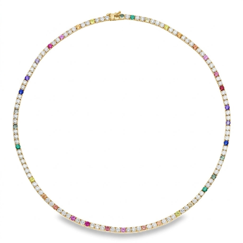 Multicolored gemstone necklace on a white background